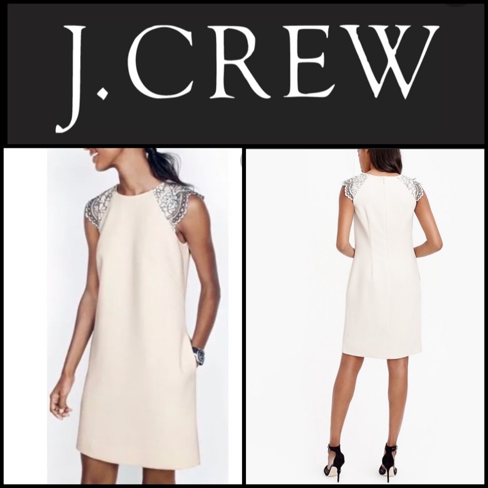 J Crew winter white dress with lace cap sleeves.  Size 6